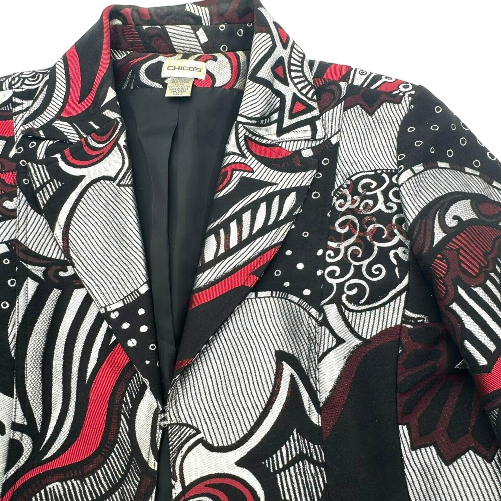 CHICO'S Women's 2 Large Red Black Silver Shiny Metallic Pattern Blazer Jacket